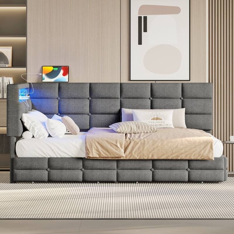 Modern Twin-size Upholstered Daybed Frame with Charging Station and LED Lights