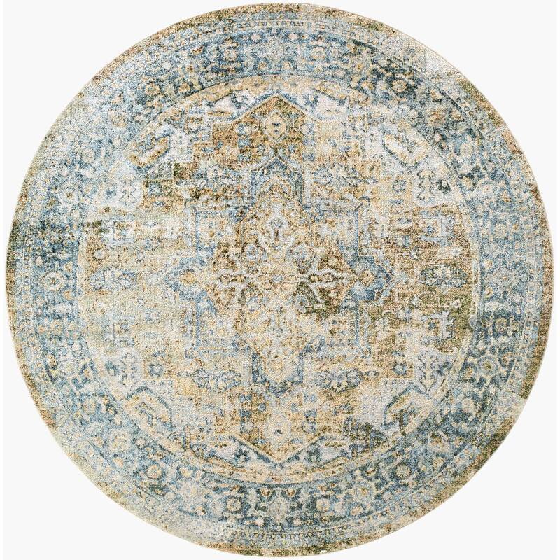 Livabliss Traditional Lillian Medallion Washable Area Rug - 6'7" x 6'7" Round - Beige/Blue