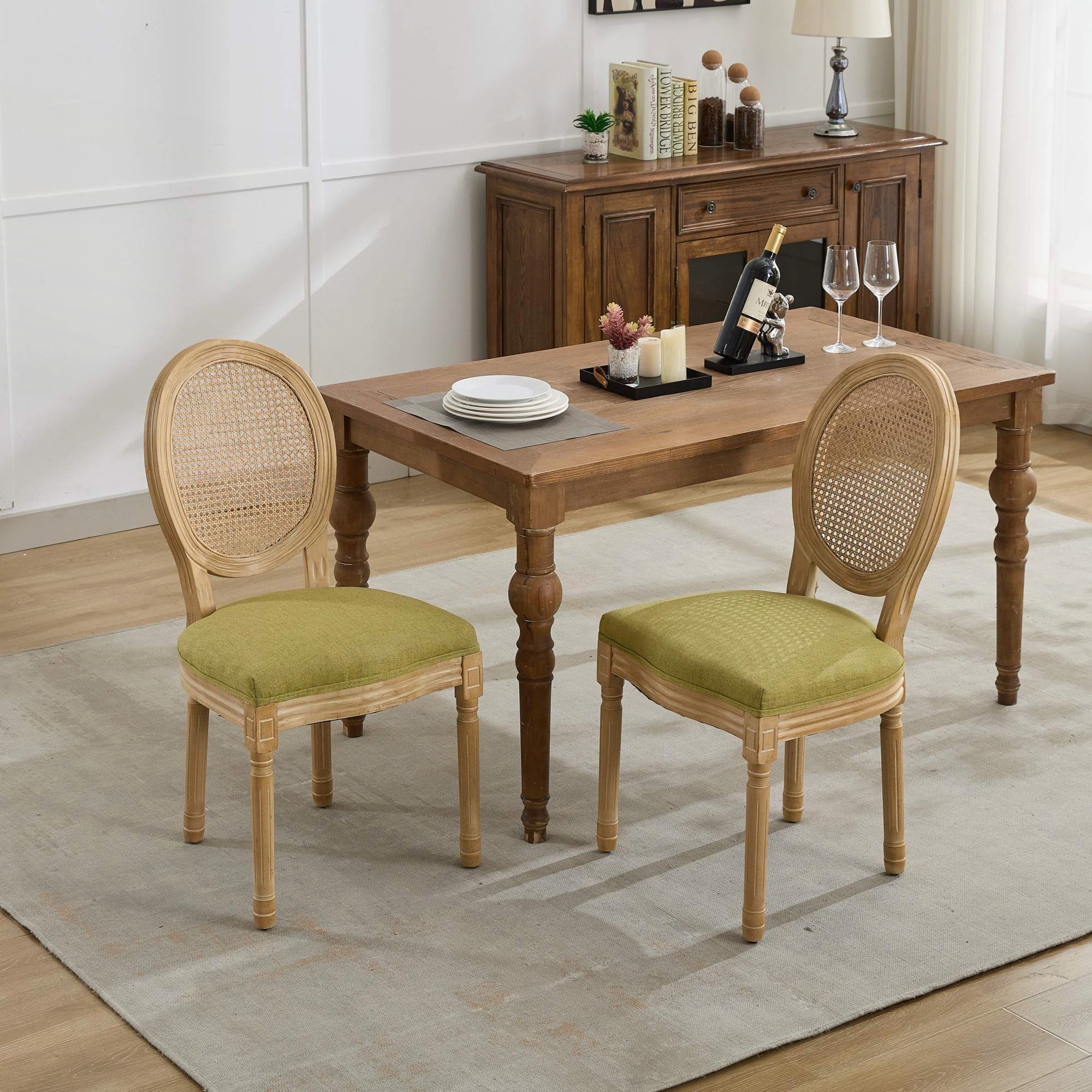 French Style Solid Wood Frame Dining Chairs with Linen Fabric and Rattan Back Set of 2