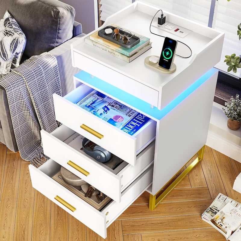 3 Drawers LED Nightstand Charging Station End Table