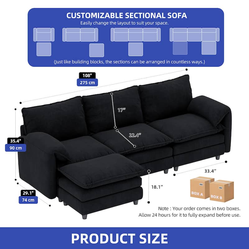 Modern Velvet L Shaped Couch 108" Modular Sectional Sofa with Movable Ottoman