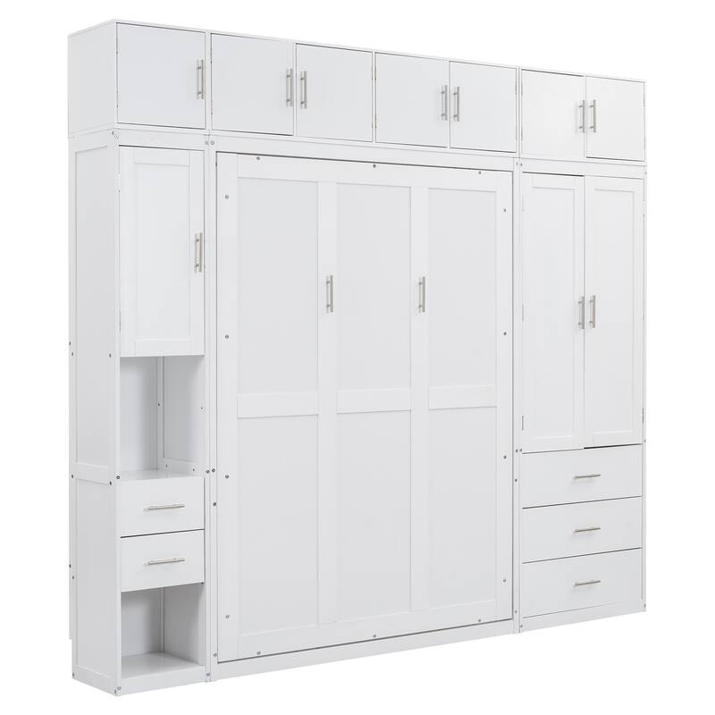 Space-Saving Full Size Murphy Bed with Storage Lockers & Wardrobes, White