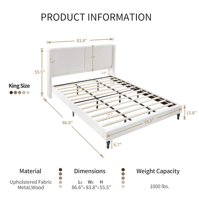 Boucle Upholstered Platform Bed with 55.5" High Wingback Headboard, Slats Support, Solid Wood Feet and Optional King or Queen