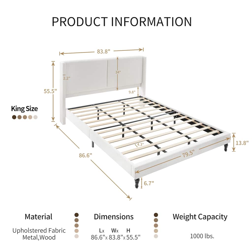 King Size Bed Frame with 55.5"High Back Upholstered Boucle Fabric Headboard