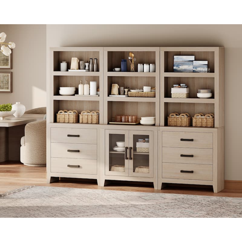 WAMPAT 74" Tall Bookshelf with Glass Doors and Drawers, 3-Tier Farmhouse Storage Cabinet