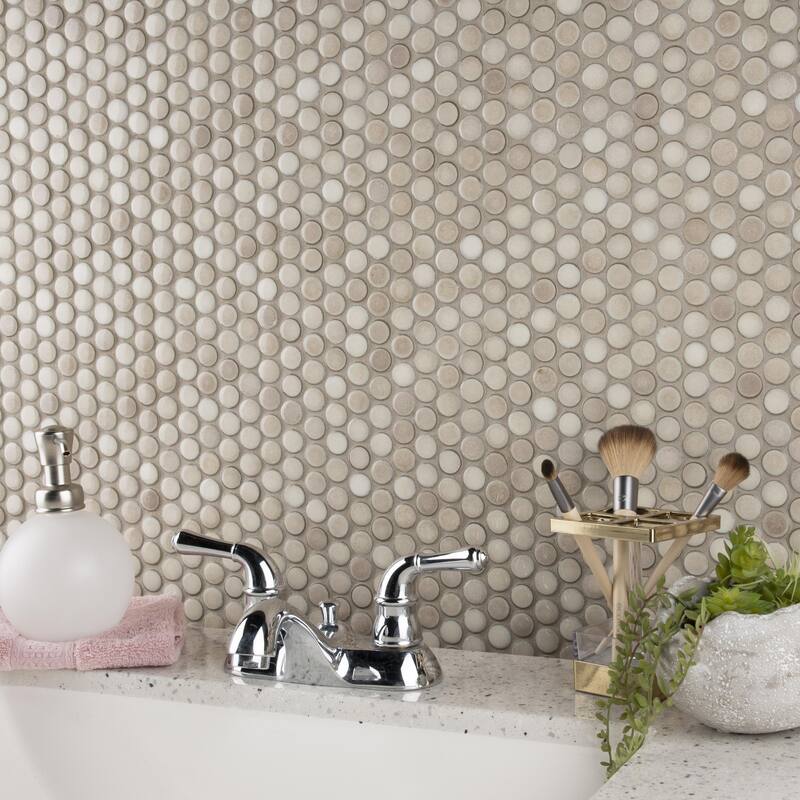 Merola Tile Hudson Penny Round Truffle 11-7/8" x 12-5/8" Porcelain Mosaic Floor and Wall Tile - Case (10 Tiles)