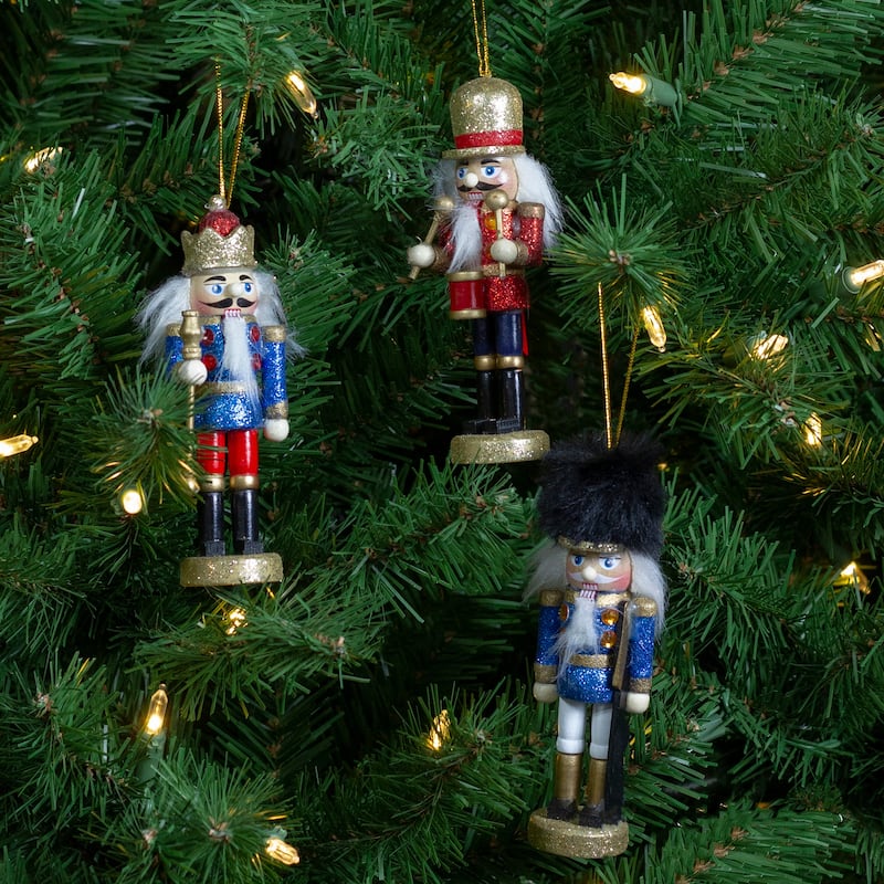 Set of 3 Glittery Nutcracker King Soldier and Drummer Ornaments 5.25"