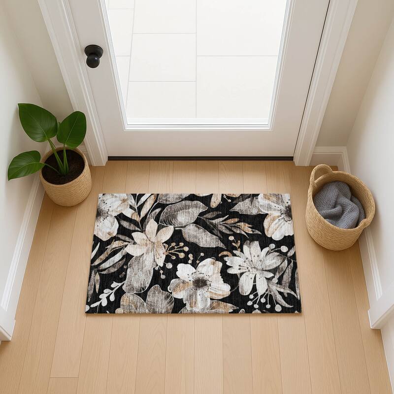 Machine Washable Indoor/ Outdoor Floral Chantille Rug