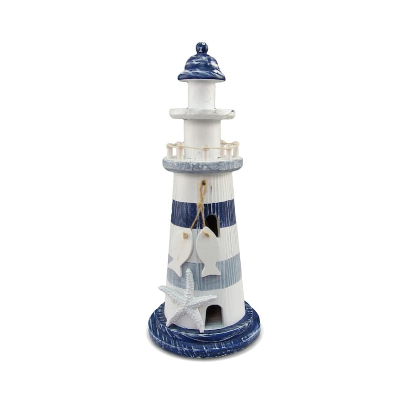 CoTa Global Blue Stripes Lighthouse Decor with Hanging Fish - 11 Inch