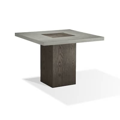 Mod 40 Inch Square Table, Concrete Top, Rubberwood, Pedestal Base, Ash Gray