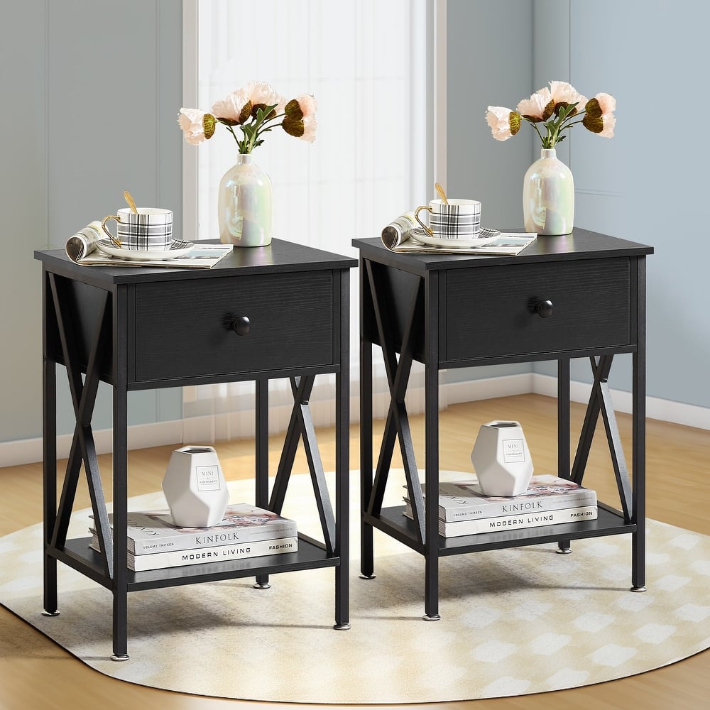 VECELO Set of 2 Mid Century Nightstand with Storage Drawer Open Shelves End Table Sofa Side Table for Bedroom Living Room