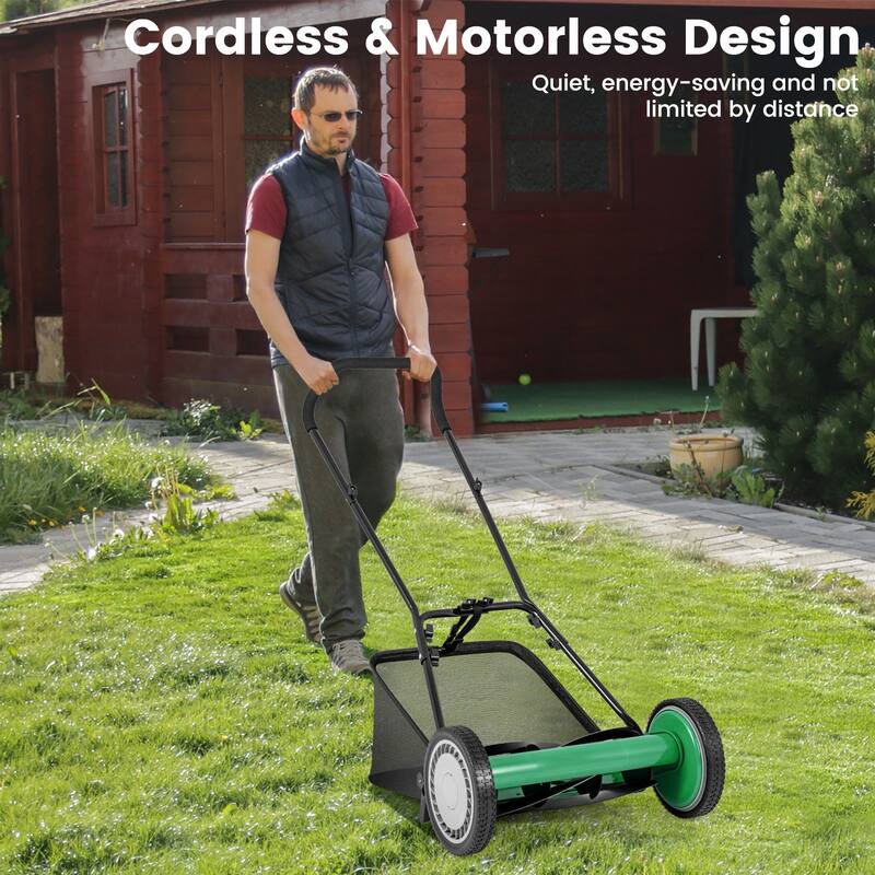 Manganese Steel Manual Lawn Mower with 5 Blades and Grass Bag - 23" L x 28" W x 49" H