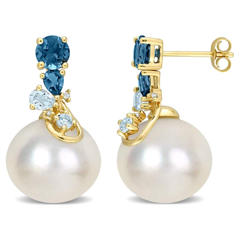 Miadora South Sea Pearl 2ct TGW Blue Topaz Diamond Earrings 14k Yellow Gold