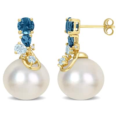 Miadora South Sea Pearl 2ct TGW Blue Topaz Diamond Earrings 14k Yellow Gold