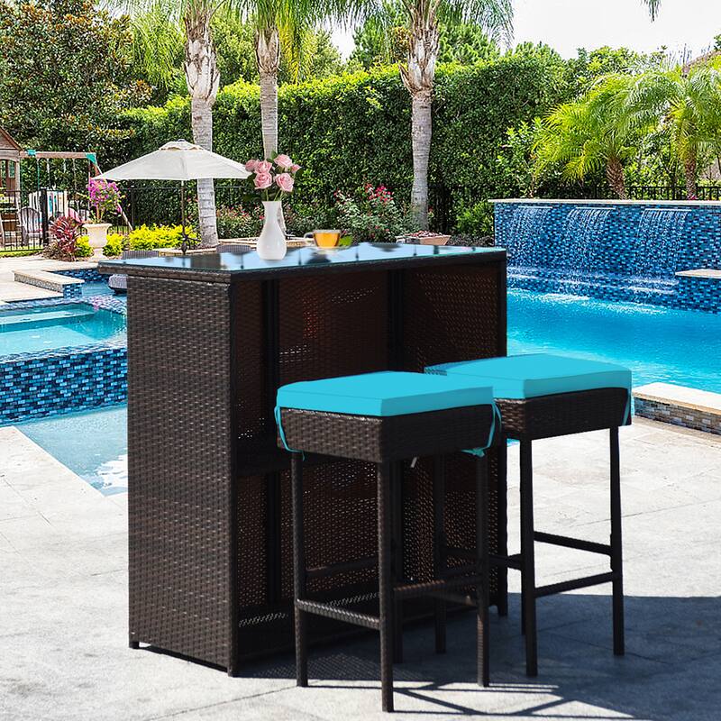 Gymax 3PCS Rattan Patio Bar Table & Stool Set Dining Set w/ Turquoise - Black