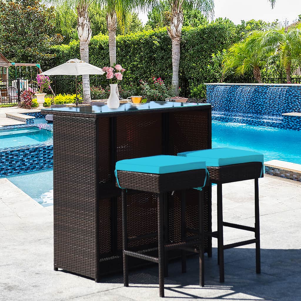 Gymax 3PCS Rattan Patio Bar Table & Stool Set Dining Set w/ Turquoise