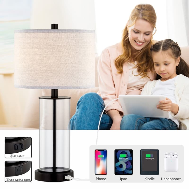 KAWOTI 23.25" Touch Control Table Lamp Set with USB Port and Bulbs