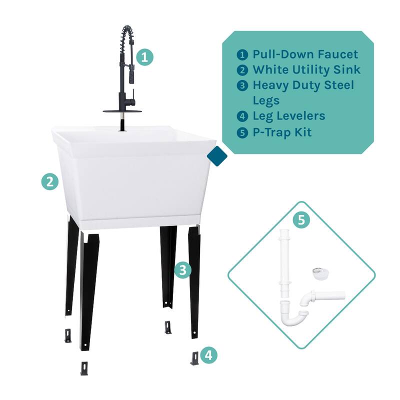 TEHILA Utility Sink Laundry Tub with Black High Arc Coil Faucet