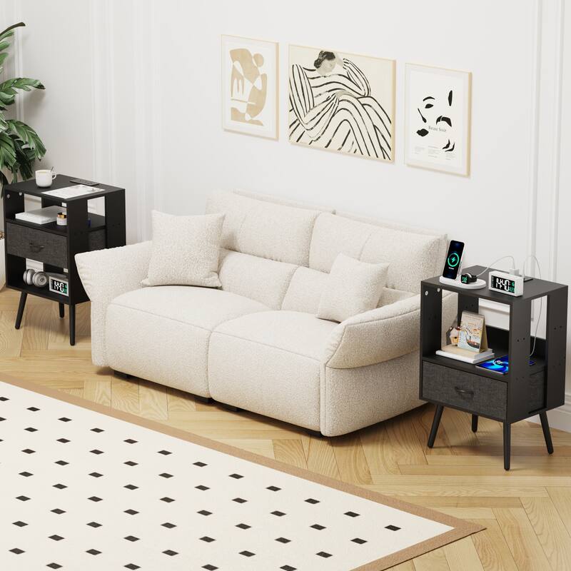 2 Pack Modern Nightstand with Charging Station, Bedside Tables with LED Light and Fabric Drawers