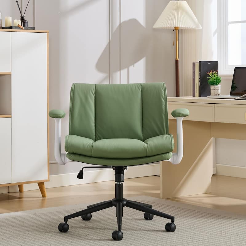 Cross Legged Office Chair on Wheels with Flip-Up Armrests Leather and Wide Seat