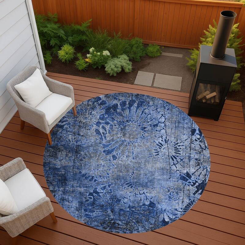 Machine Washable Indoor/ Outdoor Modern Floral Chantille Rug - Navy - 8' x 8'