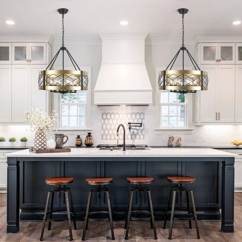 Drum Rustic Hanging Lights 6-Light Adjustable Farmhouse Chandelier Dining Room Light Fixture Kitchen Island Lighting - N/A