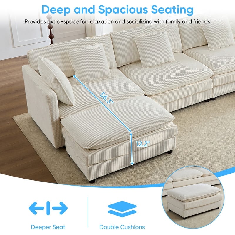 Mixoy 148''Oversized Modular Sectional Sofa, U-Shaped 6-Seater Corduroy Upholstered Deep Seat Sofa with 2 Movable Ottomans - 4+2