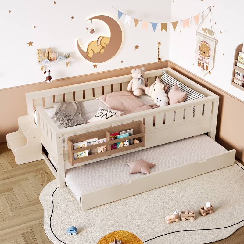 Full/Twin Size Wood Bed with Built-in Bookshelves and Storage Staircase, Safety Rails and Trundle Bed