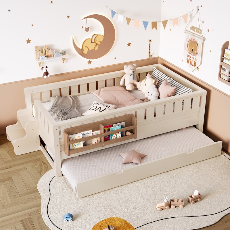 Roomfitters Floor Bed with Bookshelf and Trundle, Low Profile Frame with Step Entry