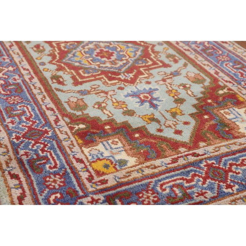 Turquoise Geometric Heriz Serapi Foyer Rug Hand-Knotted Wool Carpet - 3'0"x 4'11"