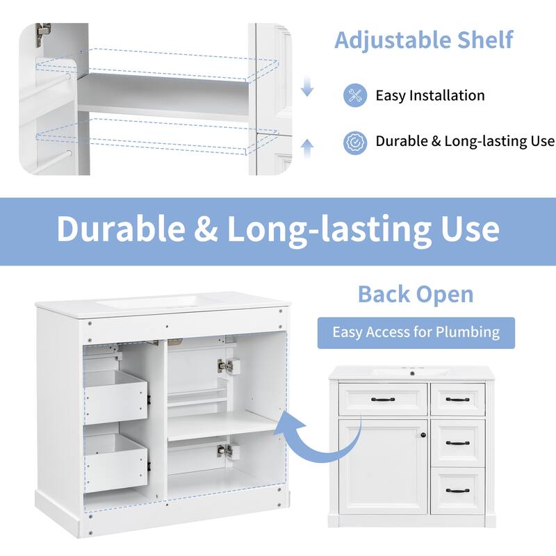 36 Inch Bathroom Vanity with Sink, Cabinet with 4 Drawers, Soft-Close Door & Adjustable Shelf, Ceramic Basin