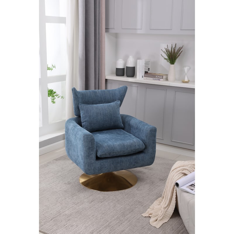 Blue Modern 29.9" Upholstered 360° Swivel Accent Chair with Iron Base and Pillow
