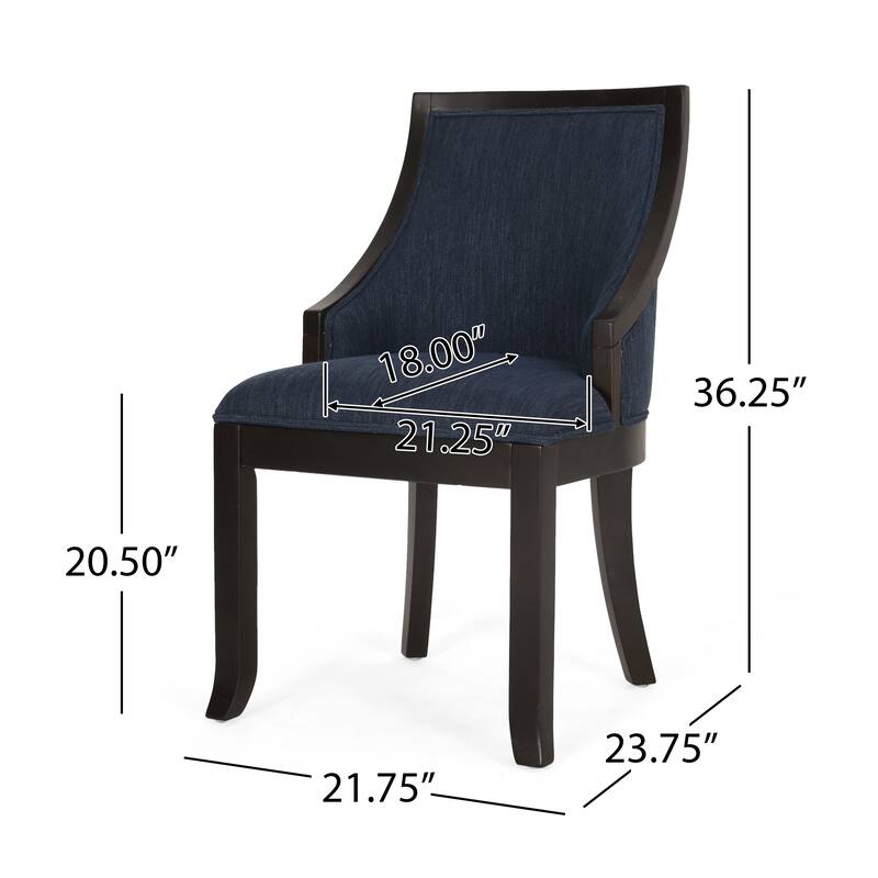 Dining Chair Set of 2, Navy Blue Fabric Cushioned, Brown Solid Wood