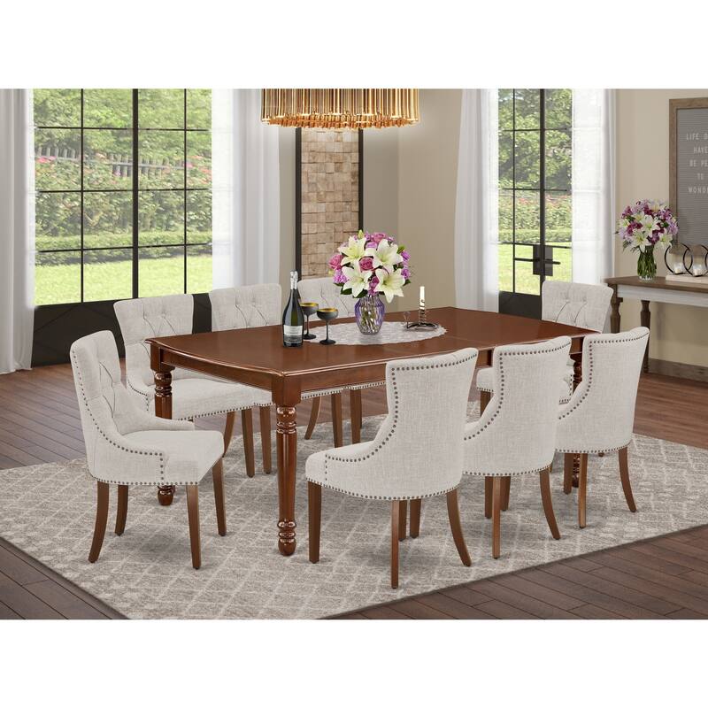 9Pc Dining Set - Rectangle Table with Leaf & 8 Parson Chairs - Mahogany Finish - 78
