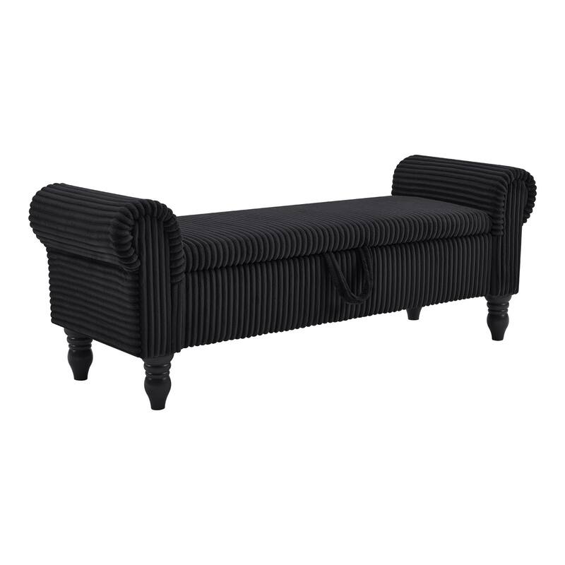 HomeRoots 55" Black Corduroy and Solid Wood Upholstered Storage Bench With Flip Top - 55.00 in. x 20.00 in. x 17.00 in.
