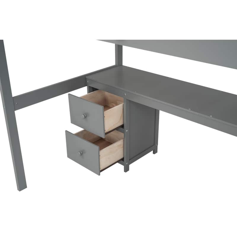 Twin Loft Bed with Built-in Desk and Double Storage Drawers, Gray