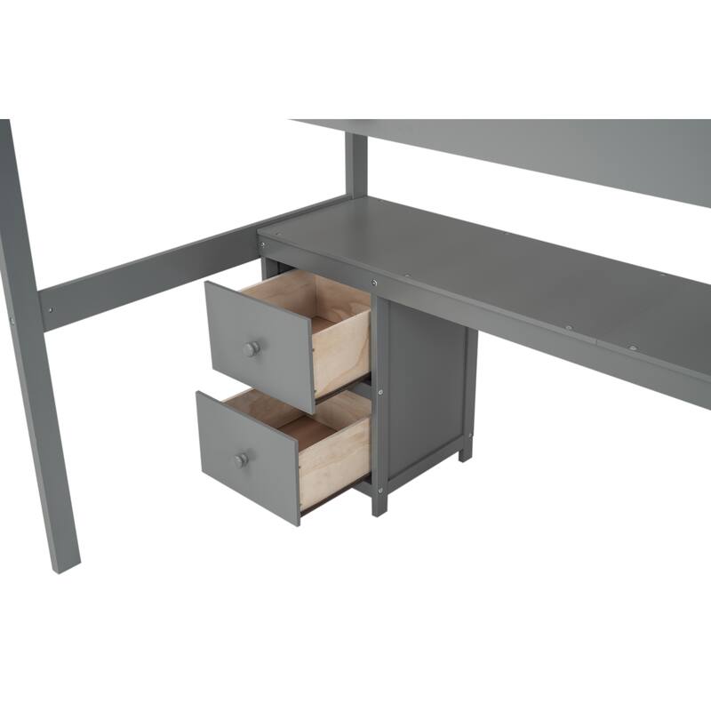 Twin Size Solid Wood Loft Bed with Built-in Desk and Double Storage Drawers
