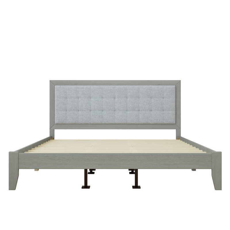 Roomfitters Solid Wood Platform Bed Frame, Mid-Century Upholstered Foundation with Tufted Headboard and Slats, Grey
