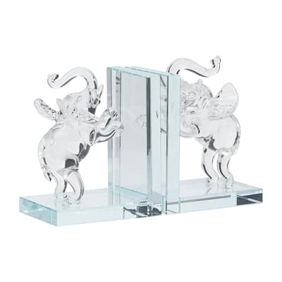 Set of 2 Clear Frosted Elephant Bookends - Contemporary Crystal 5" Standing Elephant Bookends For Home or Office Book