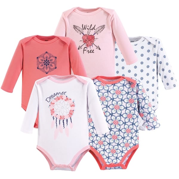 slide 1 of 1, Yoga Sprout Baby Girl Cotton Long-Sleeve Bodysuits 5pk, Dream Catcher 3-6 Months - Dream Catcher Long-Sleeve