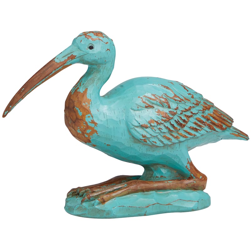 Teal Polystone Distressed Bird Decorative Sculpture with Brown Wood Inspired Accents
