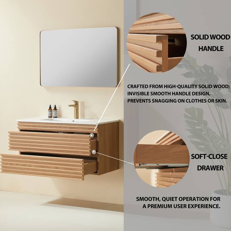 GDFStudio - Modern 36" Wall-Mounted Floating Bathroom Vanity with Integrated Ceramic Basin & Soft-Close Drawers, Fully Assembled