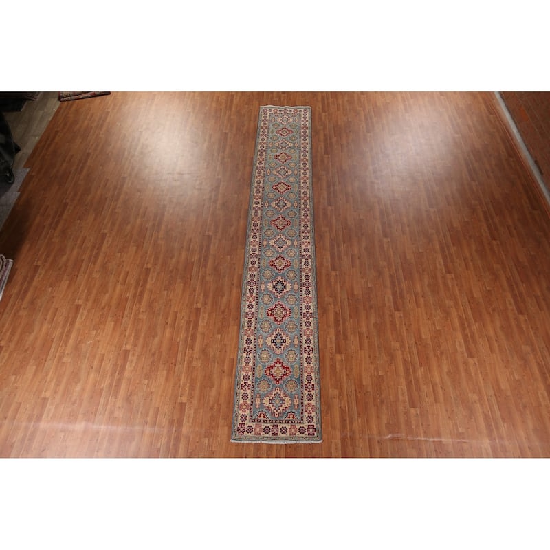 Light Blue Kazak Runner Rug Handmade Geometric Wool Carpet - 2'9" x 16'2"