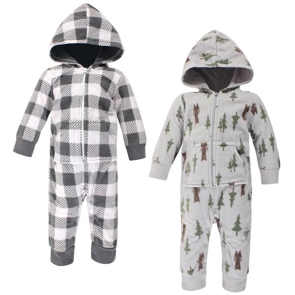slide 1 of 1, Hudson Baby Infant Boy Fleece Jumpsuits, Coveralls, and Playsuits 2pk, Forest Bear 0 - 3 Months - Grey