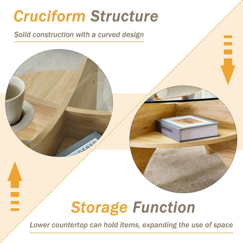 GDFStudio Marcellus Tempered Glass Coffee Table with Wood Legs and Fan-Shaped Pedestal Design