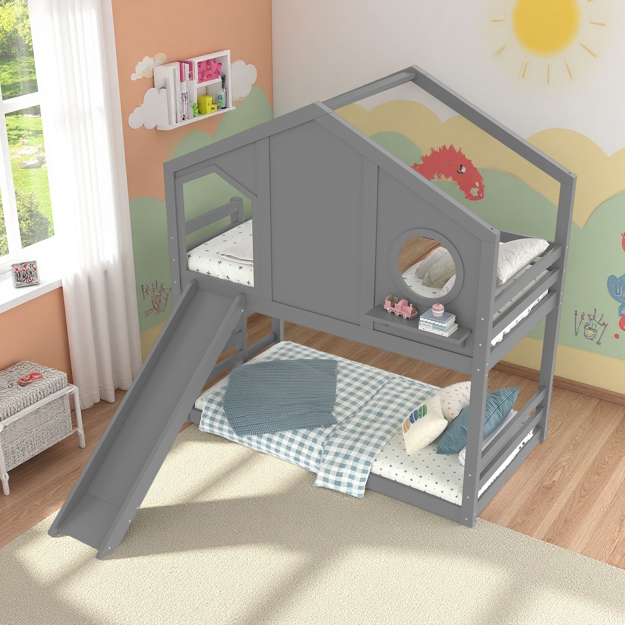 Twin Size Solid Wood House Bunk Bed with Slide, Window & Storage Shelves, Kids House Loft Bed with Playful Design