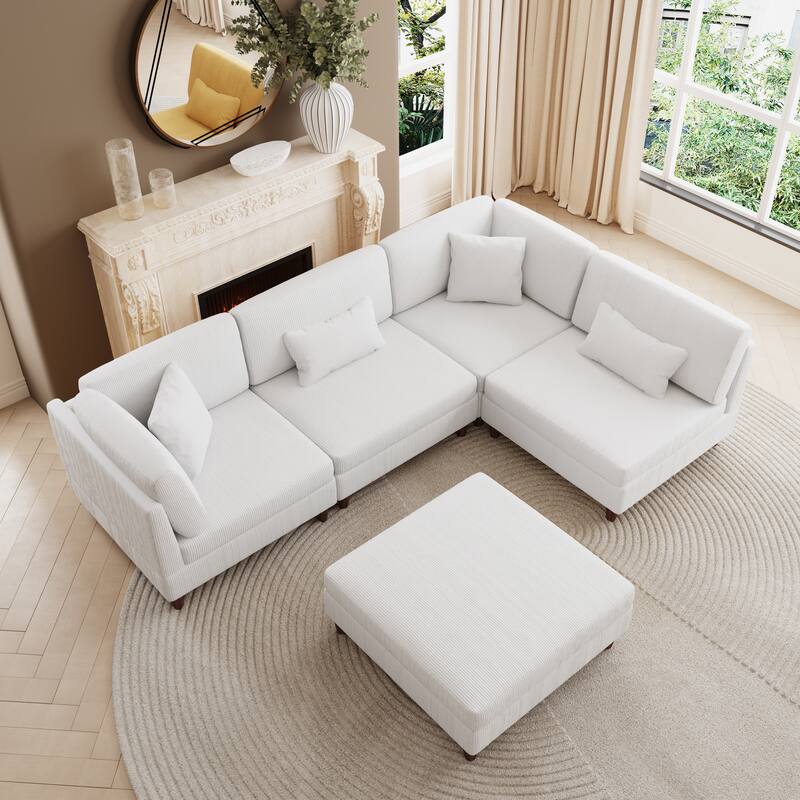 Corduroy Convertible Couch Modular Sectional Sofa with Ottoman