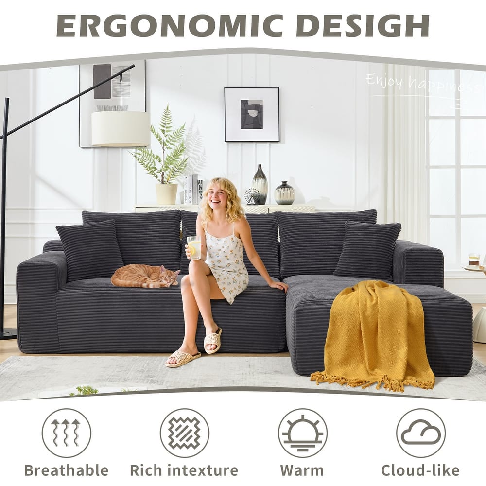 Modular Sectional Cloud Sofa with L-Shape Chaise, Oversized Corduroy Upholstered Boneless Sofa, Corner Sofa with Deep Seat