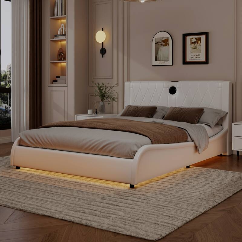Leather Upholstered Platform Bed Curved Wingback Bed with Thickened Headboard, Bluetooth Speakers and RGB LED Light