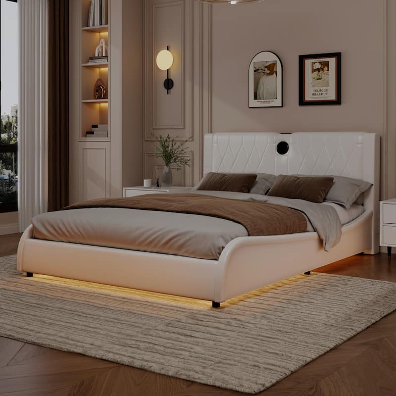 Queen Size Luxurious Faux Leather Upholstered Platform Bed - White
